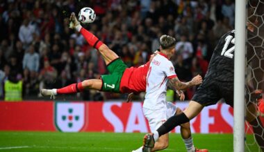 Cristiano Ronaldo (L) attempts a bicycle kick to score Portugal's fifth goal during the UEFA Nations League match against Poland at the Dragao stadium in Porto.