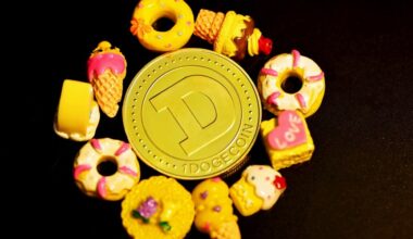 dogecoin token surrounded by sweets, including donuts