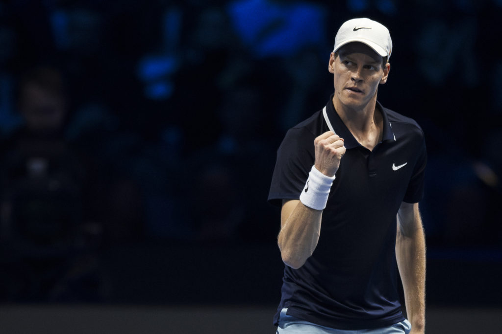 Jannik Sinner of Italy celebrates during his round robin singles match against Alex de Minaur of Australia during day one of the Nitto ATP Finals. ...