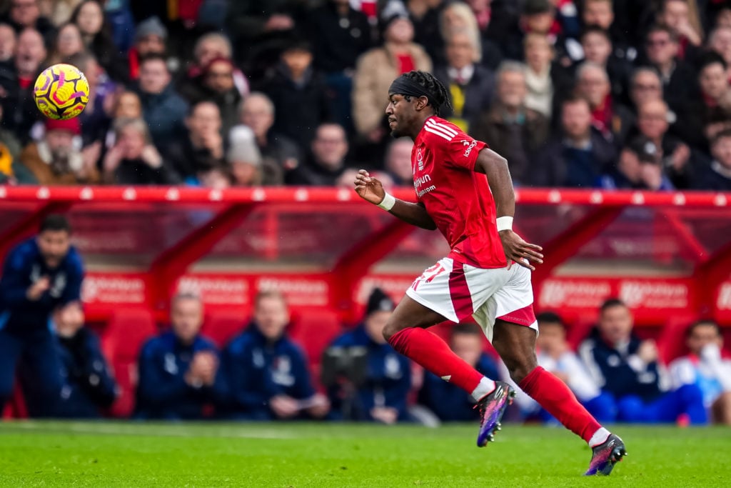 Anthony Elanga of Nottingham Forest FC focuses on the ball during the Premier League match between Nottingham Forest FC and Newcastle United FC at ...