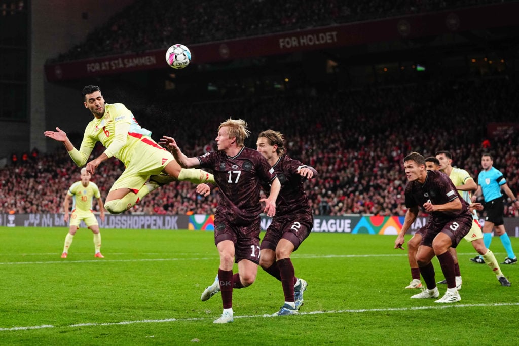 Mikel Merino of Spain heads during the Nations League Round 5 match between Denmark against Spain at Parken, Copenhagen, Denmark on November 15, 2...