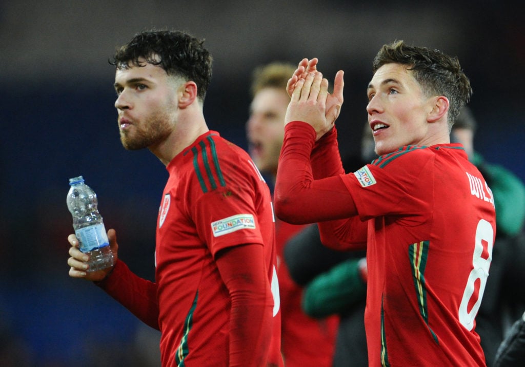 Wales' Harry Wilson and Neco Williams applauds the fans at the final whistle during the UEFA Nations League 2024/25 League B Group B4 match betwe...