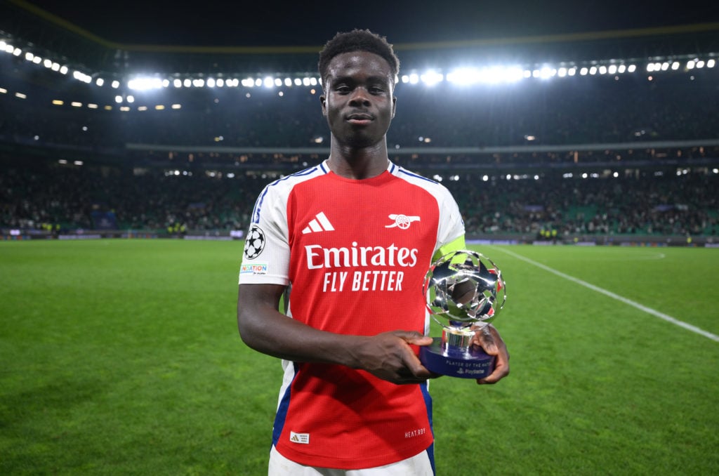 Bukayo Saka of Arsenal poses for a photograph with the PlayStation Player of the Match award after the UEFA Champions League 2024/25 League Phase M...