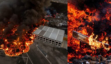 A large fire engulfs piles of scrap metal at a junkyard, producing thick black smoke. Inset shows a close-up of inflamed debris, including a partly melted traffic sign. A row of industrial buildings is nearby.