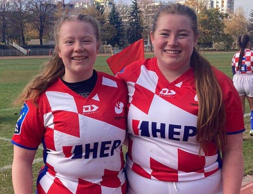 Christina Radukic, left, and younger sister Eva after they made their debuts for Croatia's women's rugby union team
