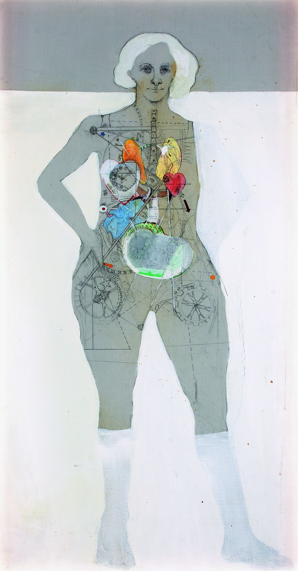 A painting shows a translucent figure of a woman with an X-ray-like view of her body, revealing various internal elements, including colorful shapes and symbols arranged inside her torso. The figure has a neutral expression and is set against a mostly gray and white background.