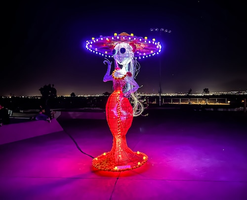 A large sculpture of a catrina greeted attendees at the “Rayenari: Light-Based Art Festival” on Saturday, Nov. 2, 2024, at the Sunland Park Sports Complex in New Mexico. The show united technology, culture and light. The catrina fit in perfectly withe the event, which took place Nov. 1-2, 2024, over Day of the Dead weekend celebrations.