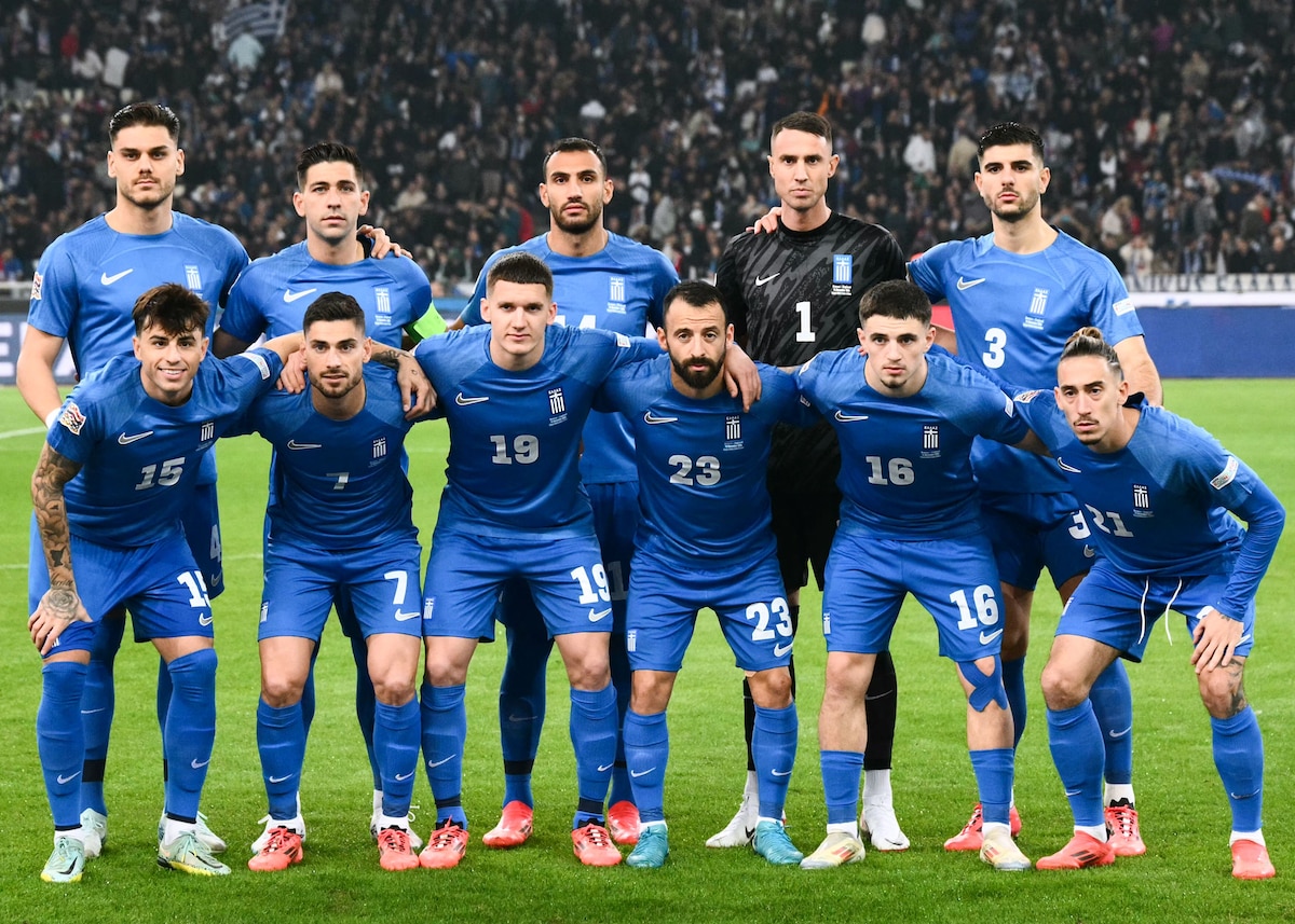 The team players pose ahead of the UEFA Nations League, League B group B2 football match between Greece and England at Olympic Athletic Center of Athens