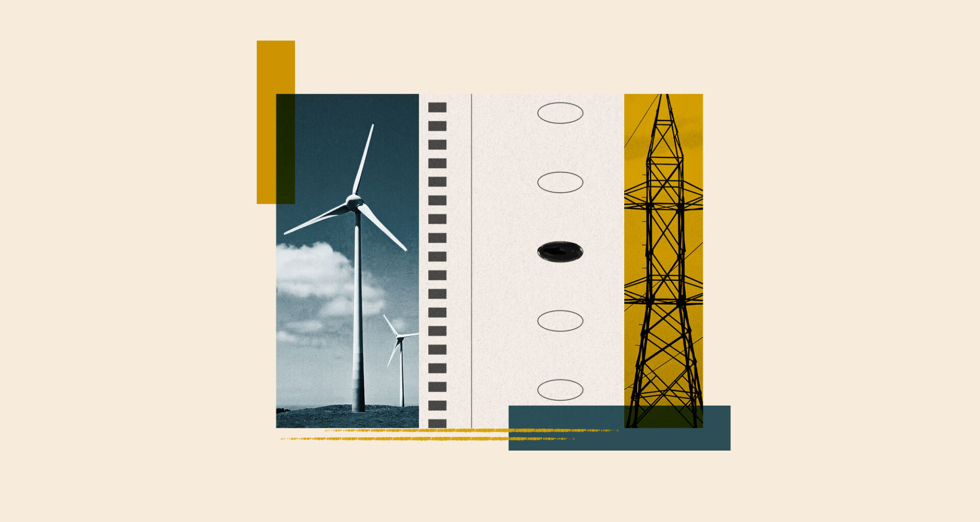 digital collage of wind turbine, ballot, and transmission tower