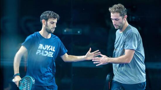 Pol Alsina and Edu Altimires Ros in action during the men’s final of the FIP Promotion India Padel Open on Sunday. (HT)