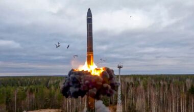 Russia fires ICBM at Ukraine. File photo taken from video released by Russian Defence Ministry Press Service on October 26, 2022, a Yars intercontinental ballistic missile is test-fired as part of Russia's nuclear drills from a launch site in Plesetsk.