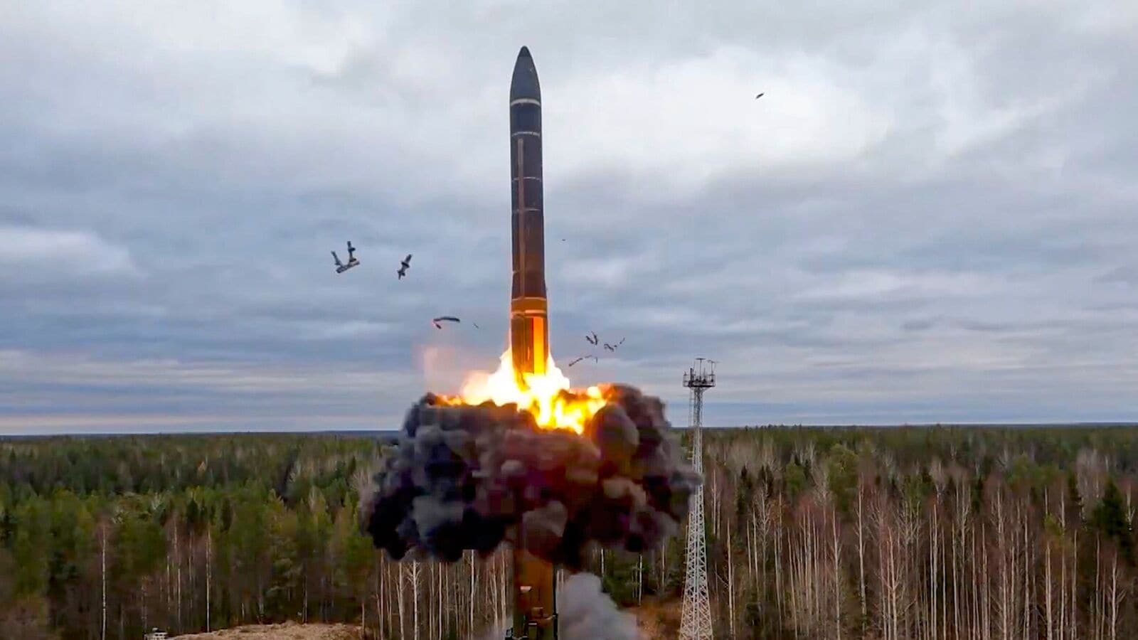 Russia fires ICBM at Ukraine. File photo taken from video released by Russian Defence Ministry Press Service on October 26, 2022, a Yars intercontinental ballistic missile is test-fired as part of Russia's nuclear drills from a launch site in Plesetsk.