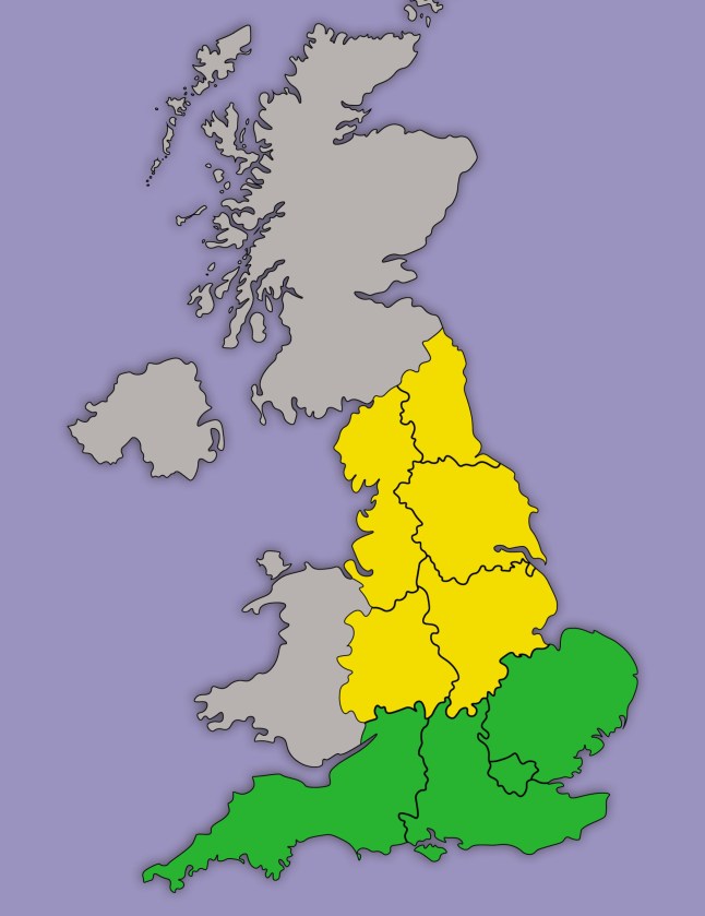 Cold health alerts Vector isolated illustration of simplified administrative map of the United Kingdom of Great Britain and Northern Ireland. Borders of the regions. Multi colored silhouettes.