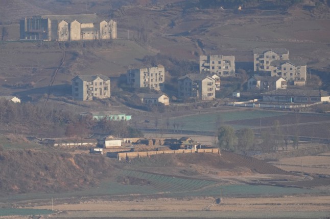 North Korea's Kaephung county is seen from the observatory of the Aegibong Peace Ecopark in Gimpo, South Korea, Friday, Nov. 29, 2024. (AP Photo/Lee Jin-man)