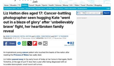 Liz Hatton dies aged 17: Cancer-battling photographer seen hugging Kate 'went out in a blaze of glory' after 'unbelievably brave' fight, her heartbroken family reveal