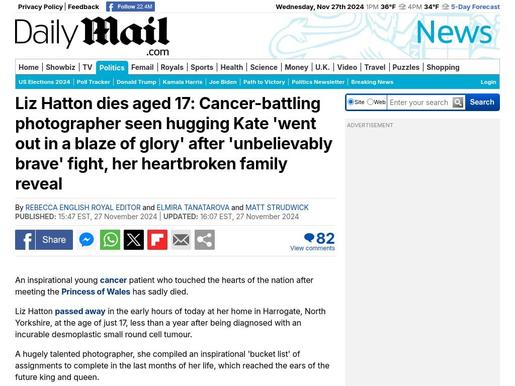 Liz Hatton dies aged 17: Cancer-battling photographer seen hugging Kate 'went out in a blaze of glory' after 'unbelievably brave' fight, her heartbroken family reveal