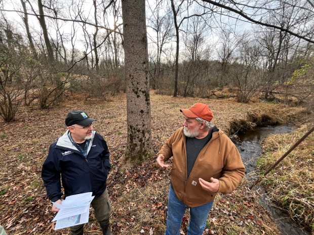 Theaux Le Gardeur, a Gunpowder Riverkeeper, listens to Ken Fiedler speak about the environmental impact that another set of power lines would have on the wetlands around his land just south of the Pennsylvania state line. (Karl M. Ferron/Staff)
