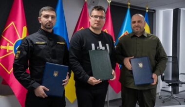 (From L-R) Strategic Industries Minister Herman Smetanin, Lithuanian Defense Minister Laurynas Kasciunas, and Ukrainian Defense Minister Rustem Umerov signed a memorandum of understanding. Photo: Herman Smetanin's Telegram