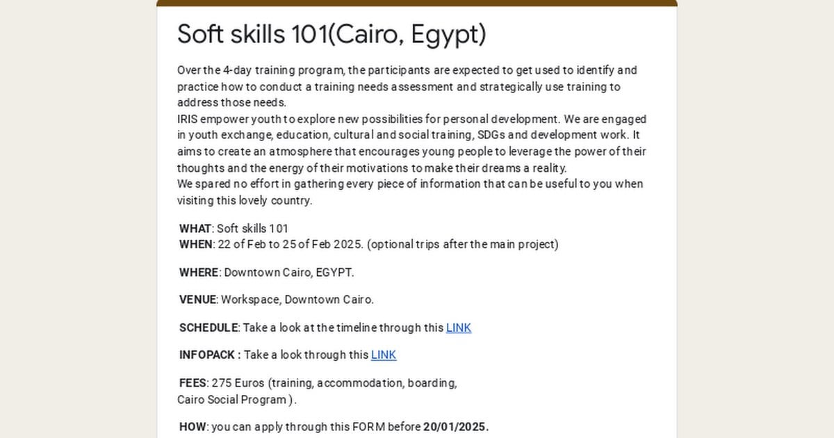 Call for International Students and Graduates from All over the World to Apply for the Training Program (Soft Skills 101)