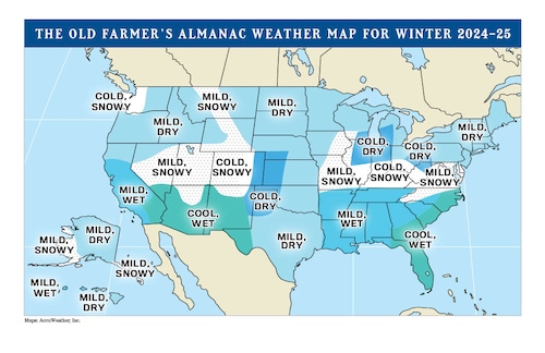 Map of United States showing predicted weather trends for 2024-2025 winter