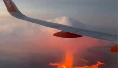 Impressive view from an airplane of the new eruption near Grindavik, Iceland