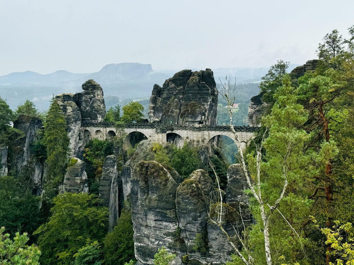 A bridge surrounded by rock formations and trees.