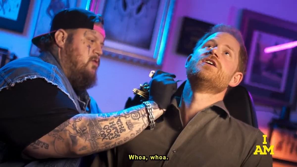 Prince Harry is filmed 'getting a tattoo' in skit with Jelly Roll as they promote the Invictus Games