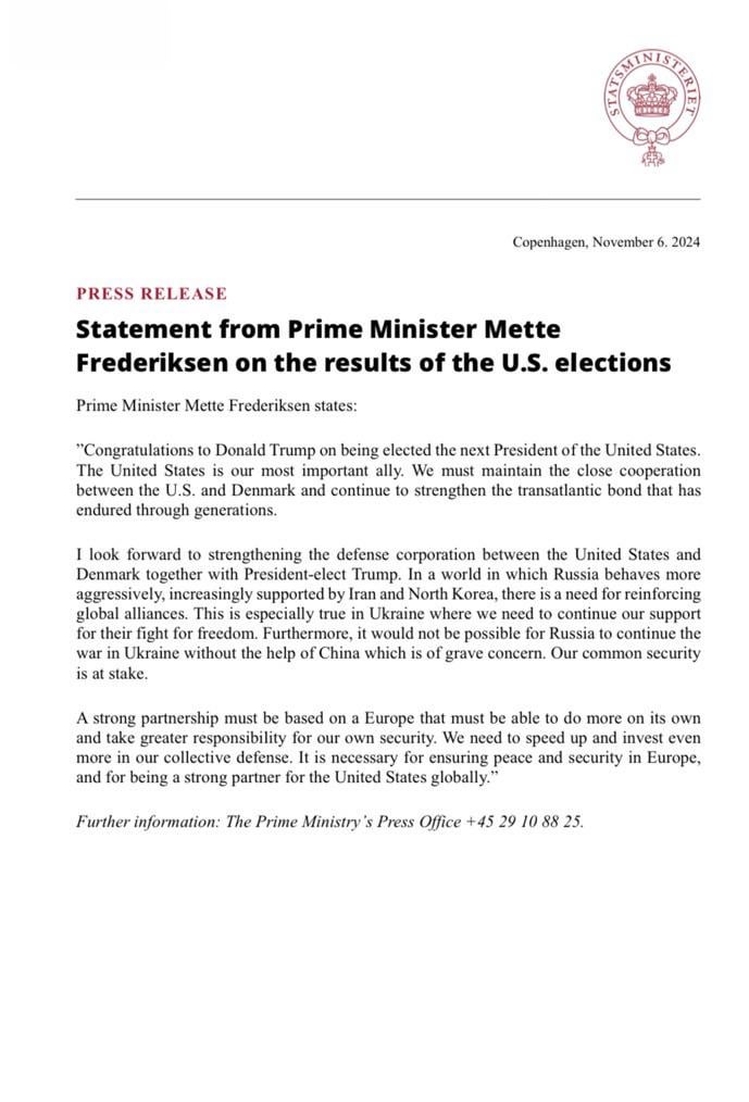 Prime Minister Mette Frederiksen on the results of the U.S. elections