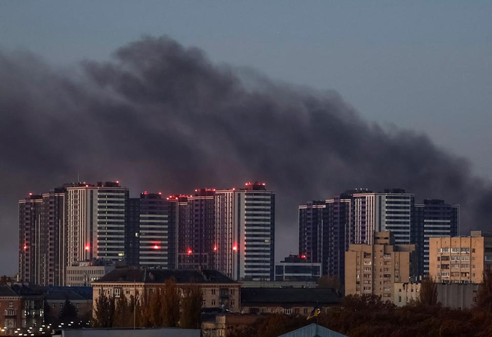 Smoke rises in the sky over the city after a Russian drone strike, amid Russia's attack on Ukraine, in Kyiv, Ukraine November 7, 2024.