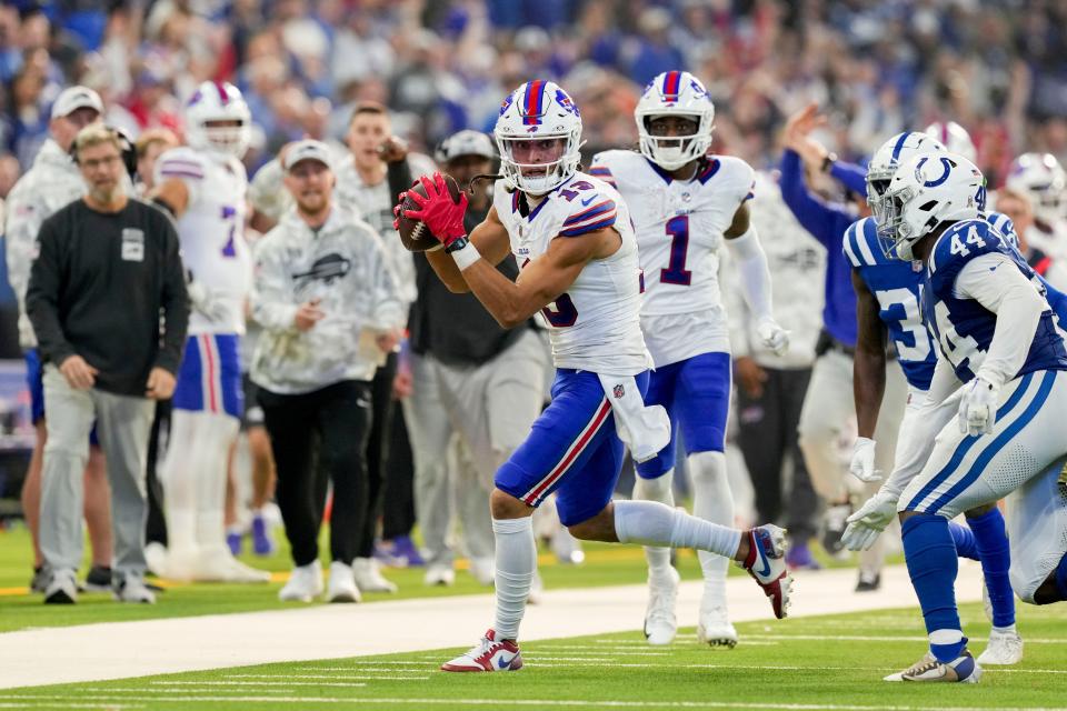 Nov 10, 2024; Indianapolis, Indiana, USA; Buffalo Bills wide receiver Mack Hollins (13) rushes out of bounds Sunday, Nov. 10, 2024, during a game against the Indianapolis Colts at Lucas Oil Stadium in Indianapolis. Mandatory Credit: Grace Smith-USA TODAY Network via Imagn Images