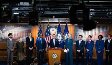 House Minority Leader Hakeem Jeffries, at podium, conducts a news conference with House Democratic Caucus leaders in the Capitol Visitor Center on Tuesday. Also appearing are, from left, Reps. Maxwell Alejandro Frost of Florida, Debbie Dingell of Michigan, Lori Trahan of Massachusetts, Joe Neguse of Colorado, Katherine M. Clark of Massachusetts, Pete Aguilar of California, Ted Lieu of California, Lauren Underwood of Illinois and Robert Garcia of California.