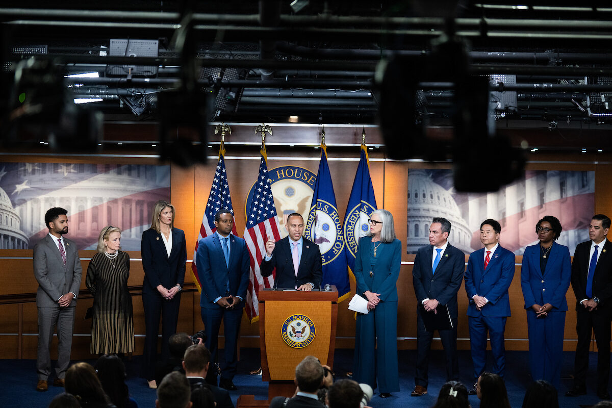 House Minority Leader Hakeem Jeffries, at podium, conducts a news conference with House Democratic Caucus leaders in the Capitol Visitor Center on Tuesday. Also appearing are, from left, Reps. Maxwell Alejandro Frost of Florida, Debbie Dingell of Michigan, Lori Trahan of Massachusetts, Joe Neguse of Colorado, Katherine M. Clark of Massachusetts, Pete Aguilar of California, Ted Lieu of California, Lauren Underwood of Illinois and Robert Garcia of California.