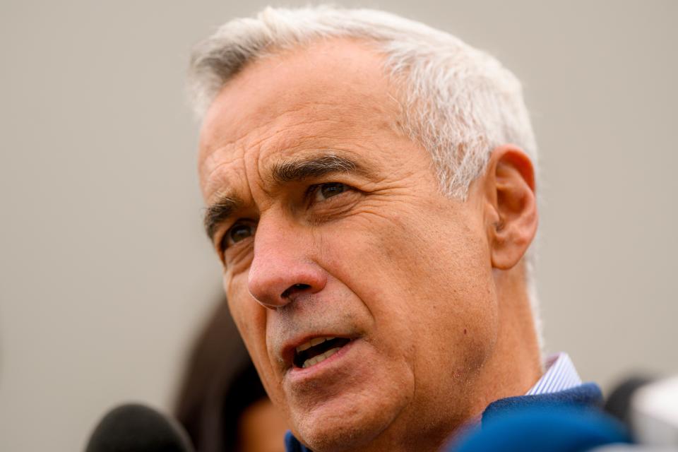 Calin Georgescu, running as an independent candidate for president, speaks to media after registering his bid in the country's presidential elections (AP Photo/Alexandru Dobre)