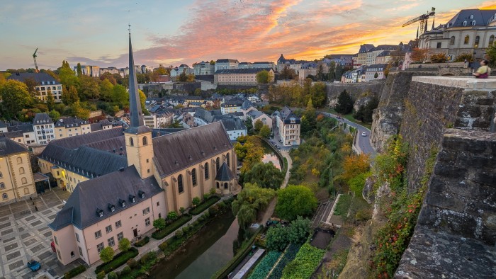 A colourful view of the Luxembourg Skyline at sunset