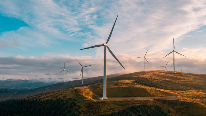 A view of a windfarm on open moorland