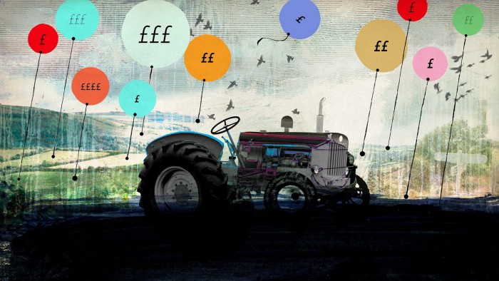 Jonathan McHugh illustration of a tractor surrounded by fields and hedgerows with price tags on them