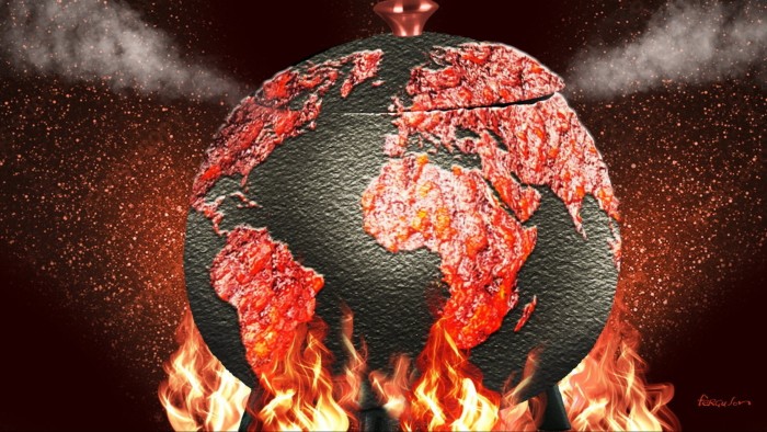 James Ferguson illustration of the Earth shaped like a cauldron sitting on a fire