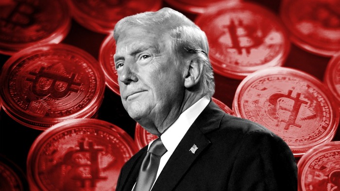 Donald Trump is shown against a background of red bitcoins