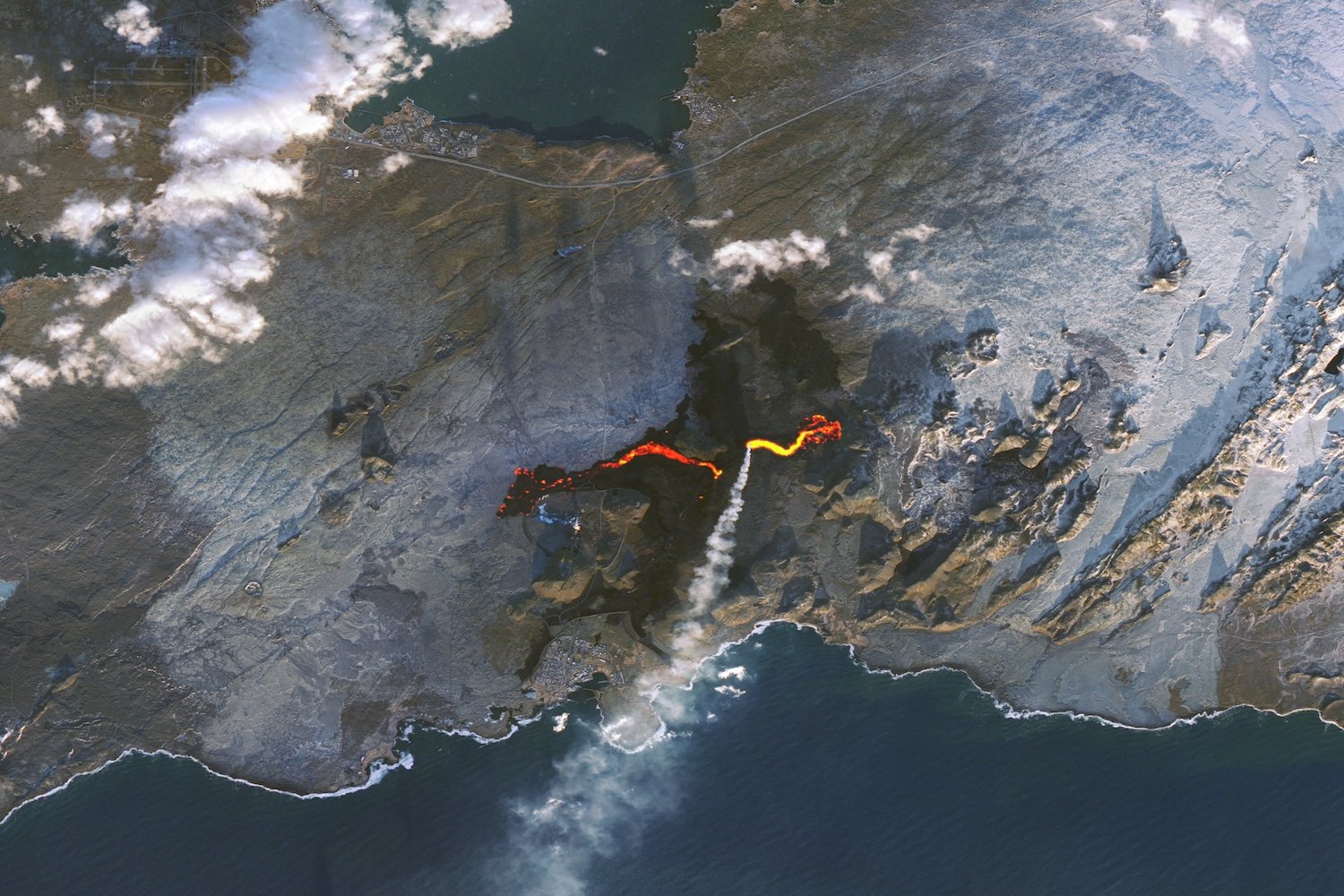 Lava from the eruption on November 20. This image emphasizes the lava’s heat signature.
