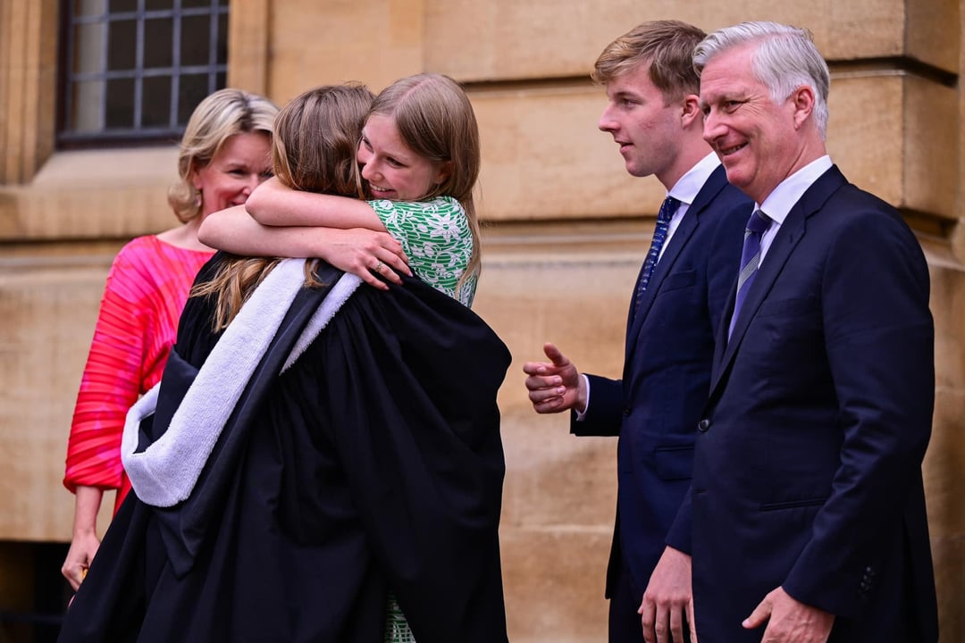 Princess Elisabeth Getting Hugged by Siblings Eléonore and Emmanuel at Her Oxford Graduation