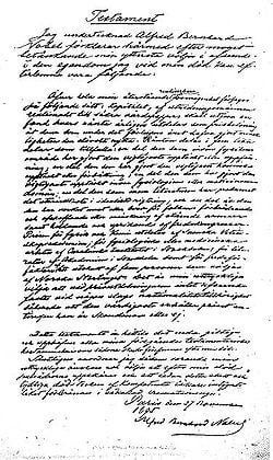 I sitt testamente, daterat den 27 november 1895, stadfäste Nobel att en stiftelse skulle grundas av hans förmögenhet, och att räntan skulle utdelas som pris åt personer som under föregående år gjort mest nytta för mänskligheten.