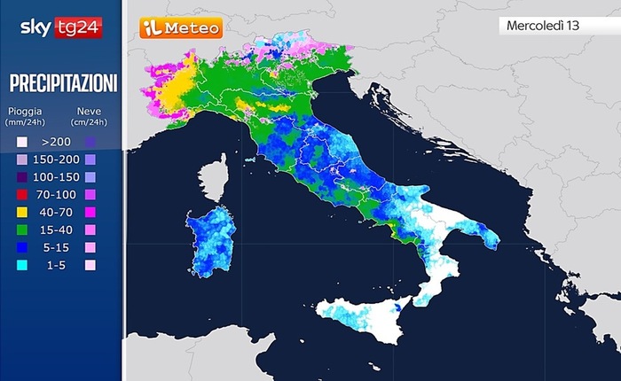 Precipitazioni previste per Mercoledì 13 Novembre