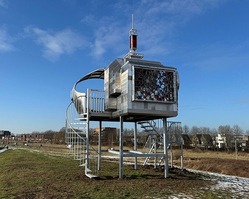 solar-powered viewing platform by rob voerman takes on spaceship form in the netherlands
