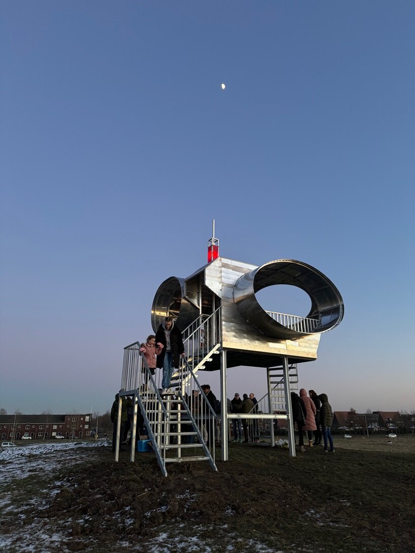 solar-powered viewing platform by rob voerman takes on spaceship form in the netherlands