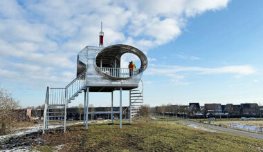 solar-powered viewing platform by rob voerman takes on spaceship form in the netherlands