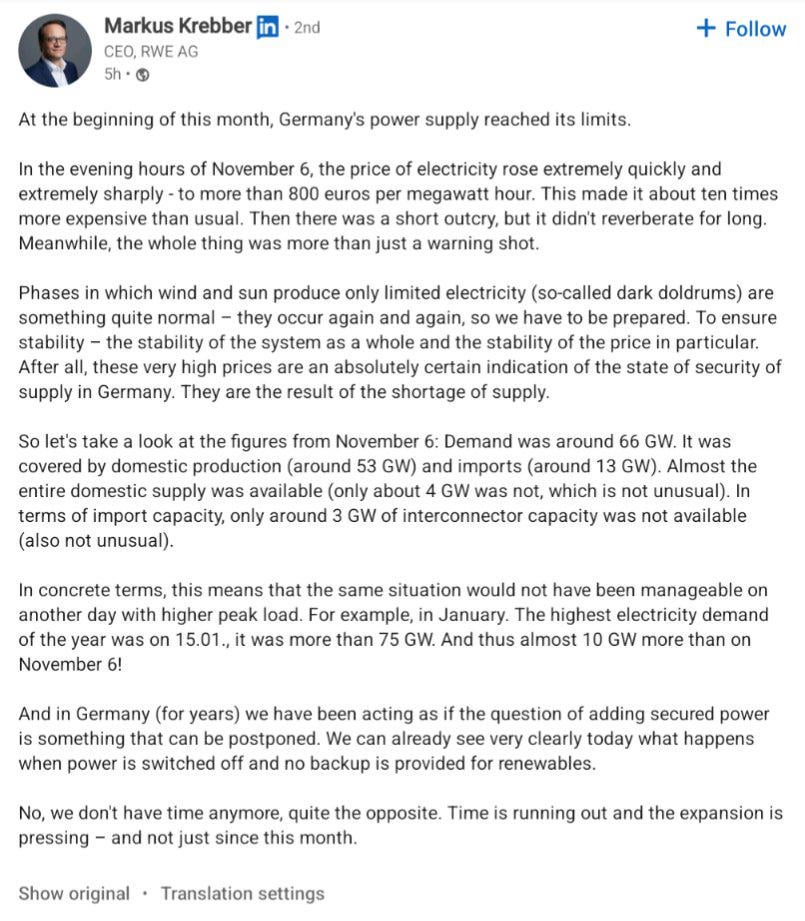 CEO of German utilities company RWE publishes a desperate post about the state of Germany's energy sector after a 12-day wind drought led to a spike in the price of MWh to +€800