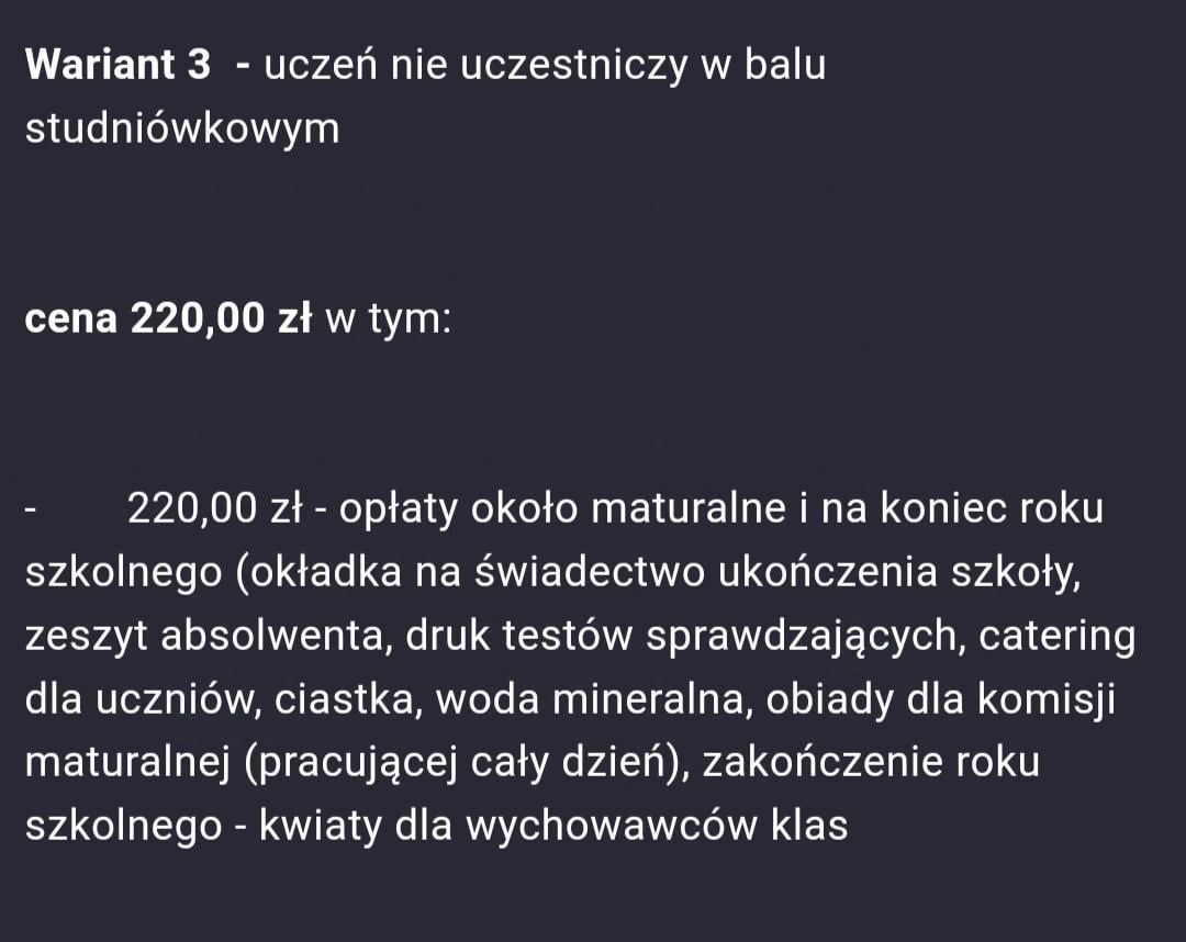Studniówka: opłata za obiady dla komisji maturalnej