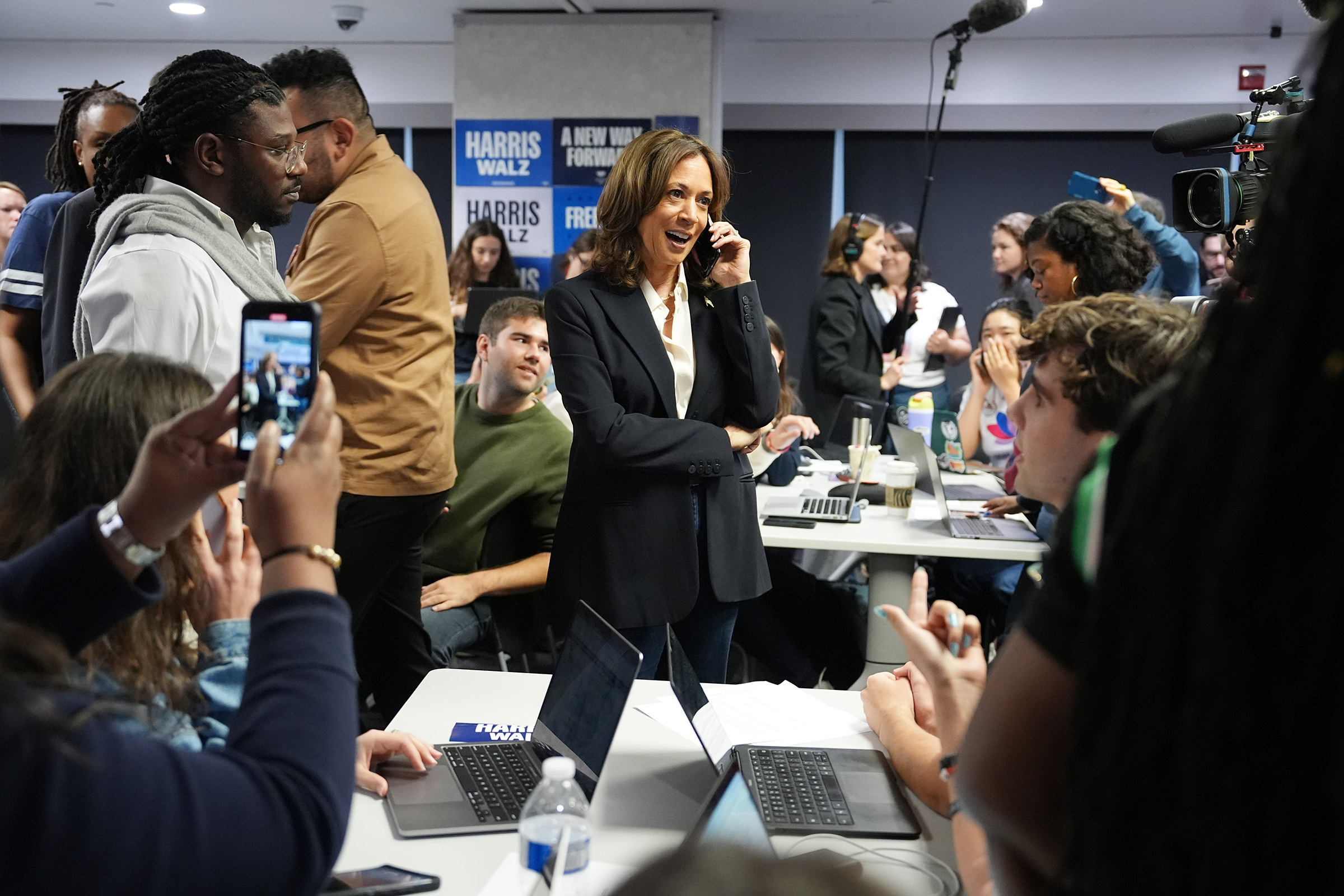 Democratic presidential nominee Vice President Kamala Harris drops by a phone bank event at the Democratic National Committee headquarters on Election Day in Washington, D.C., on Nov. 5, 2024.