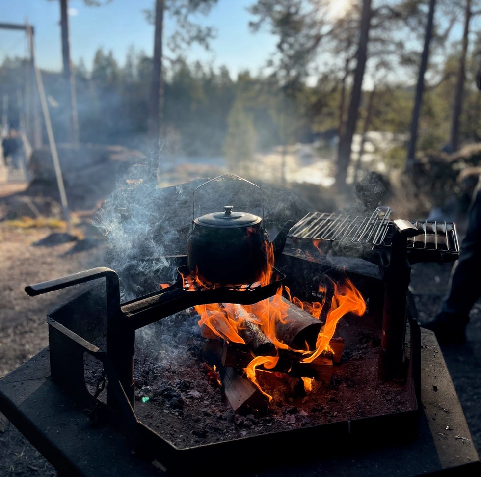 campfire setup with a kettle and grill amidst a forested landscape