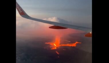 Stunning live volcano visuals captured by passenger through flight window in Iceland